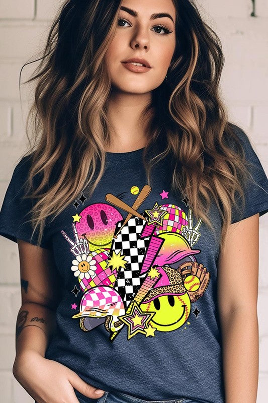 Retro Smile Face Softball Graphic T Shirts