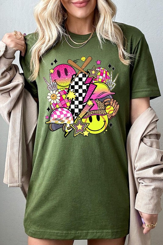 Retro Smile Face Softball Graphic T Shirts