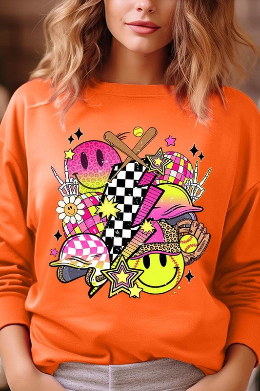 Smile Face Softball Graphic Fleece Sweatshirts