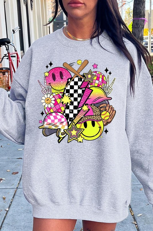 Smile Face Softball Graphic Fleece Sweatshirts