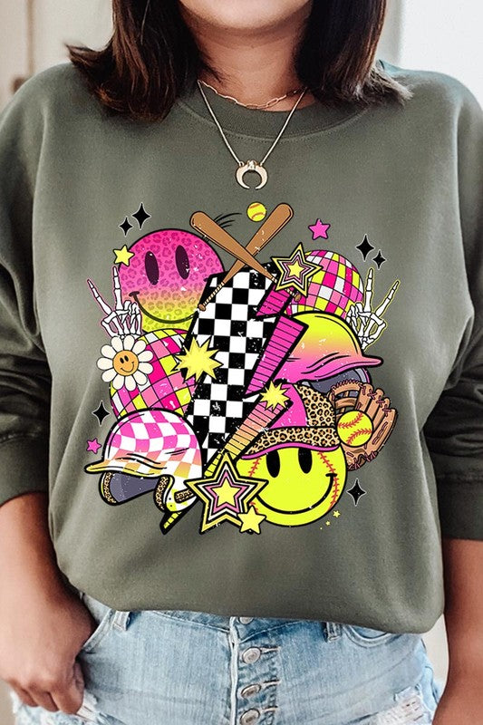 Smile Face Softball Graphic Fleece Sweatshirts