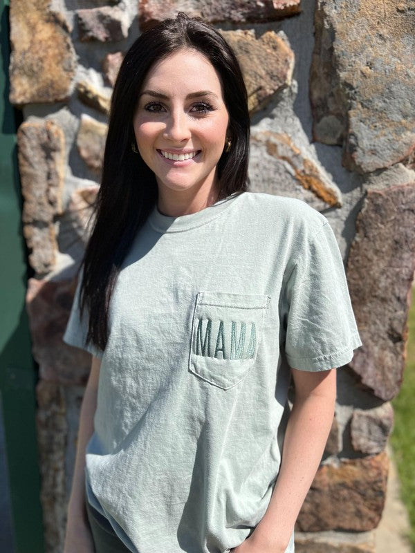 Embroidered Mama Pocket Tee - Bay