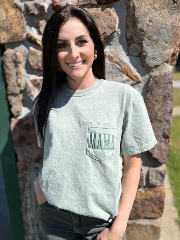 Embroidered Mama Pocket Tee - Bay