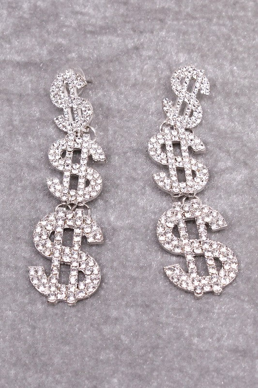 RHINESTONE MONEY SIGN DROP EARRINGS