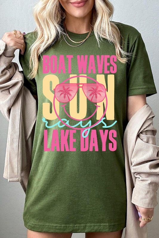 Boat Waves Sun Rays Lake Days Graphic T Shirts