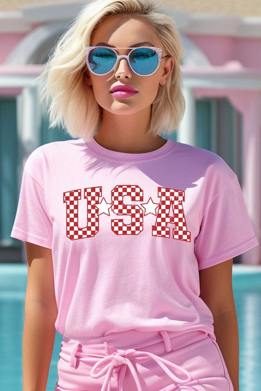 Checkered USA Graphic T Shirts