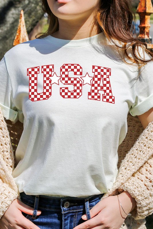 Checkered USA Graphic T Shirts