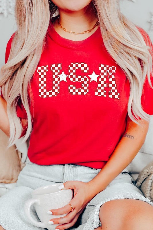 Checkered USA Graphic T Shirts