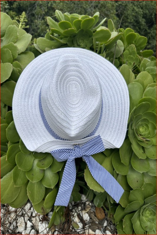 Fold Striped Bow Straw Hat White with Navy Band