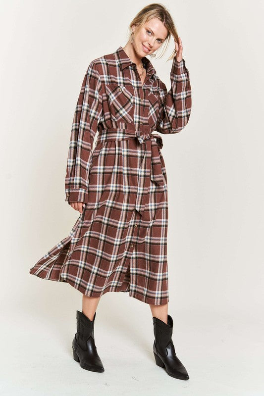 Plus Plaid Print Collar Long Shirt Dress