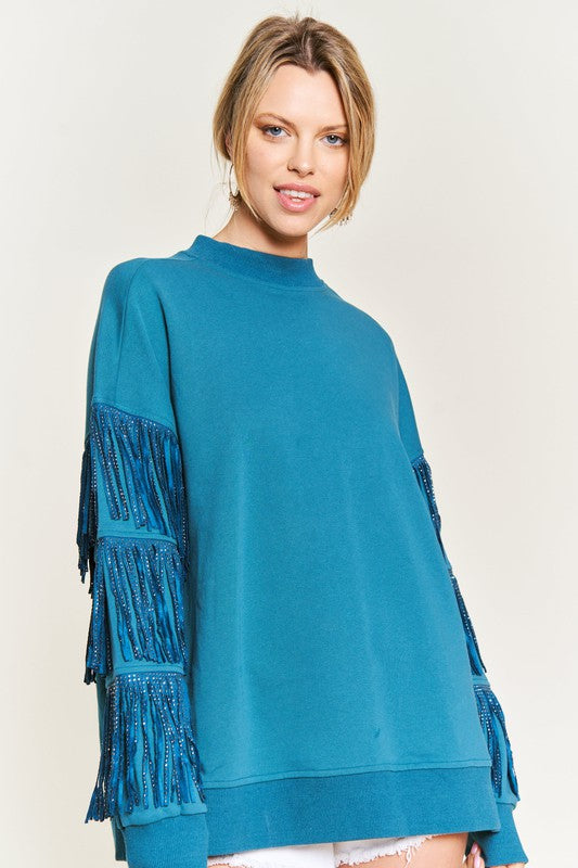 Silver studded fringe sleeve top JJT5009