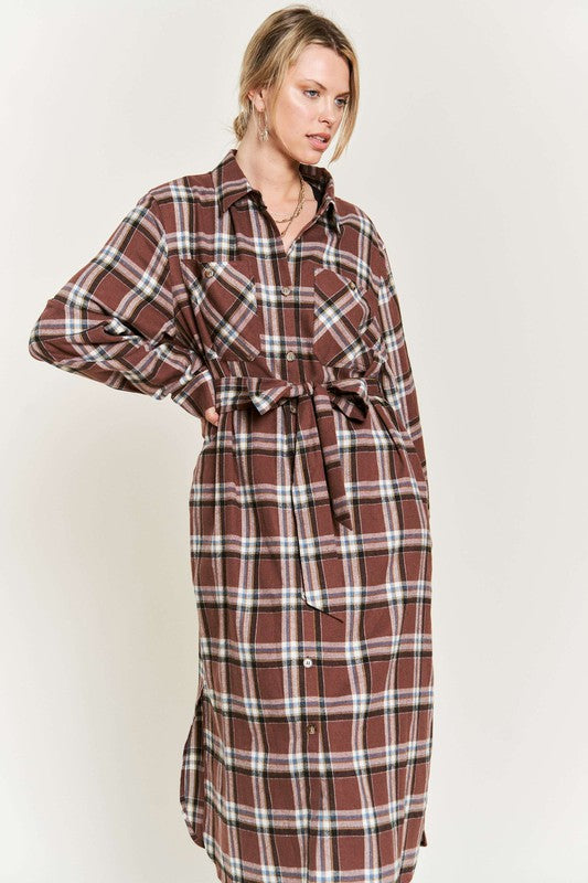 Plus Plaid Print Collar Long Shirt Dress