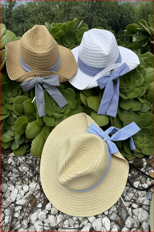 Fold Striped Bow Straw Hat White with Navy Band