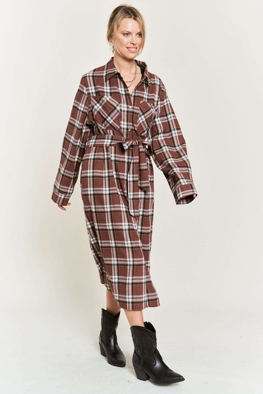 Plus Plaid Print Collar Long Shirt Dress
