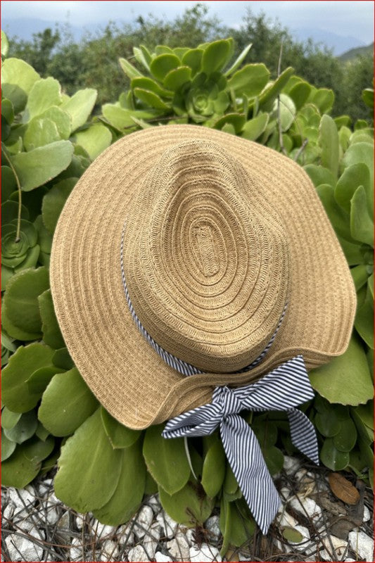 Fold Striped Bow Straw Hat White with Navy Band