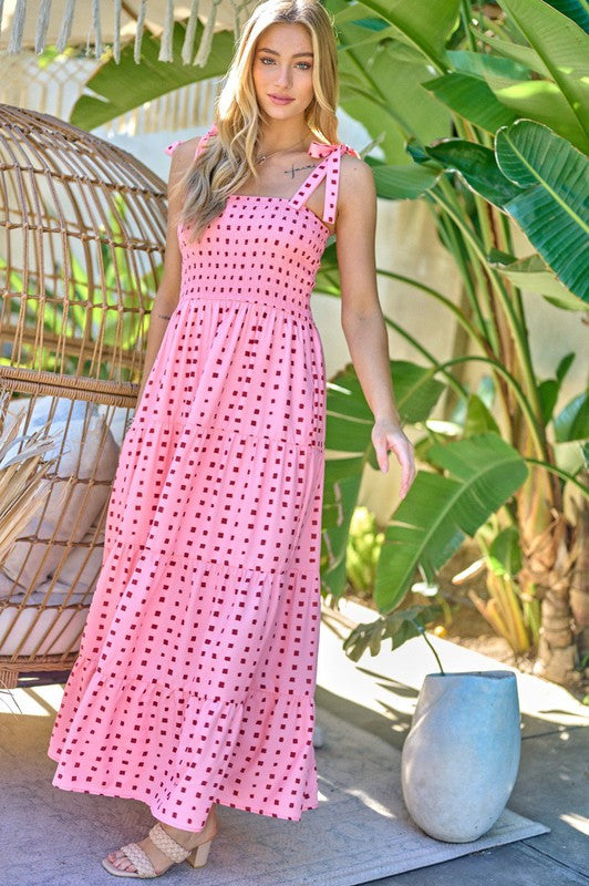 PRINTED SMOCKED RUFFLE MAXI DRESS