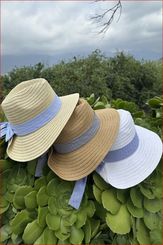 Fold Striped Bow Straw Hat White with Navy Band