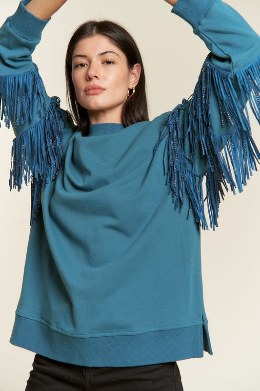 Silver studded fringe sleeve top PLUS JJT5009P