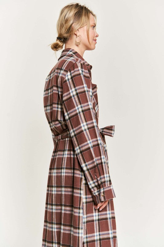 Plus Plaid Print Collar Long Shirt Dress