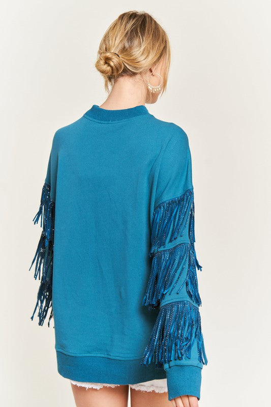 Silver studded fringe sleeve top JJT5009