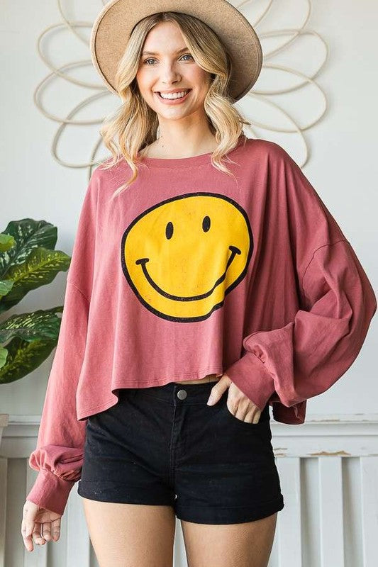 SMILEY FACE LONG SLEEVE CROP TOP PLUS KRT1405P