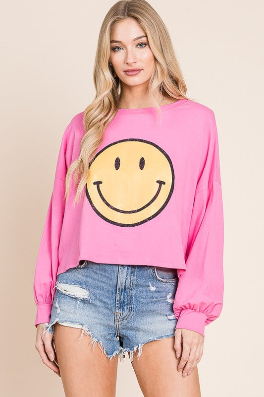 SMILEY FACE LONG SLEEVE CROP TOP PLUS KRT1405P