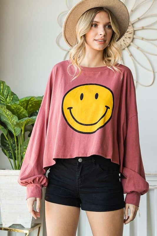 SMILEY FACE LONG SLEEVE CROP TOP PLUS KRT1405P