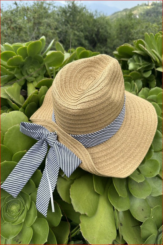 Fold Striped Bow Straw Hat White with Navy Band