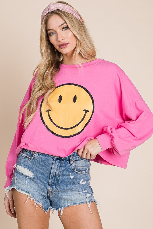 SMILEY FACE LONG SLEEVE CROP TOP PLUS KRT1405P