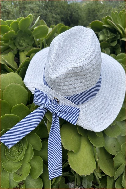 Fold Striped Bow Straw Hat White with Navy Band