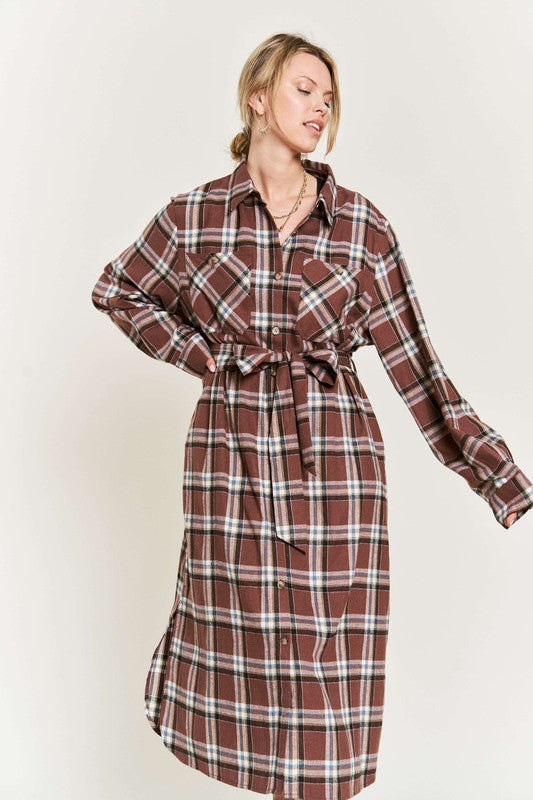 Plus Plaid Print Collar Long Shirt Dress