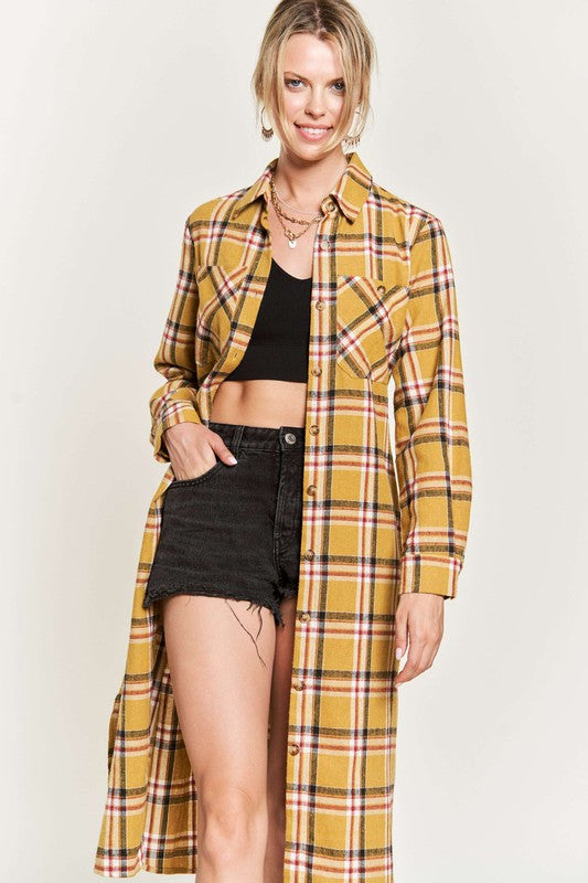 Plus Plaid Print Collar Long Shirt Dress