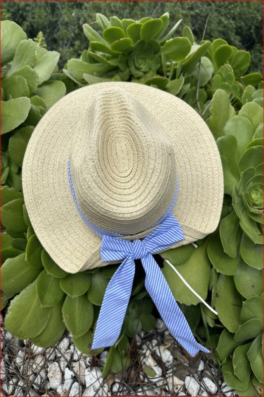 Fold Striped Bow Straw Hat White with Navy Band