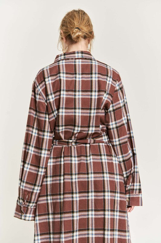 Plus Plaid Print Collar Long Shirt Dress