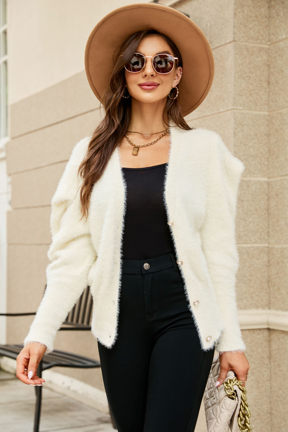 Woven Right Puff Sleeve V Neck Fuzzy Cardigan