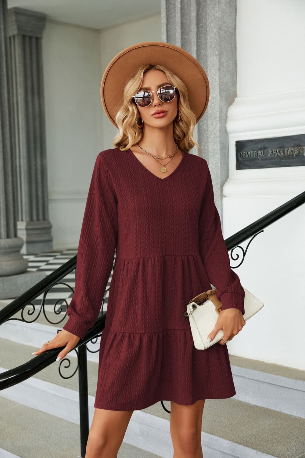 V Neck Long Sleeve Mini Dress