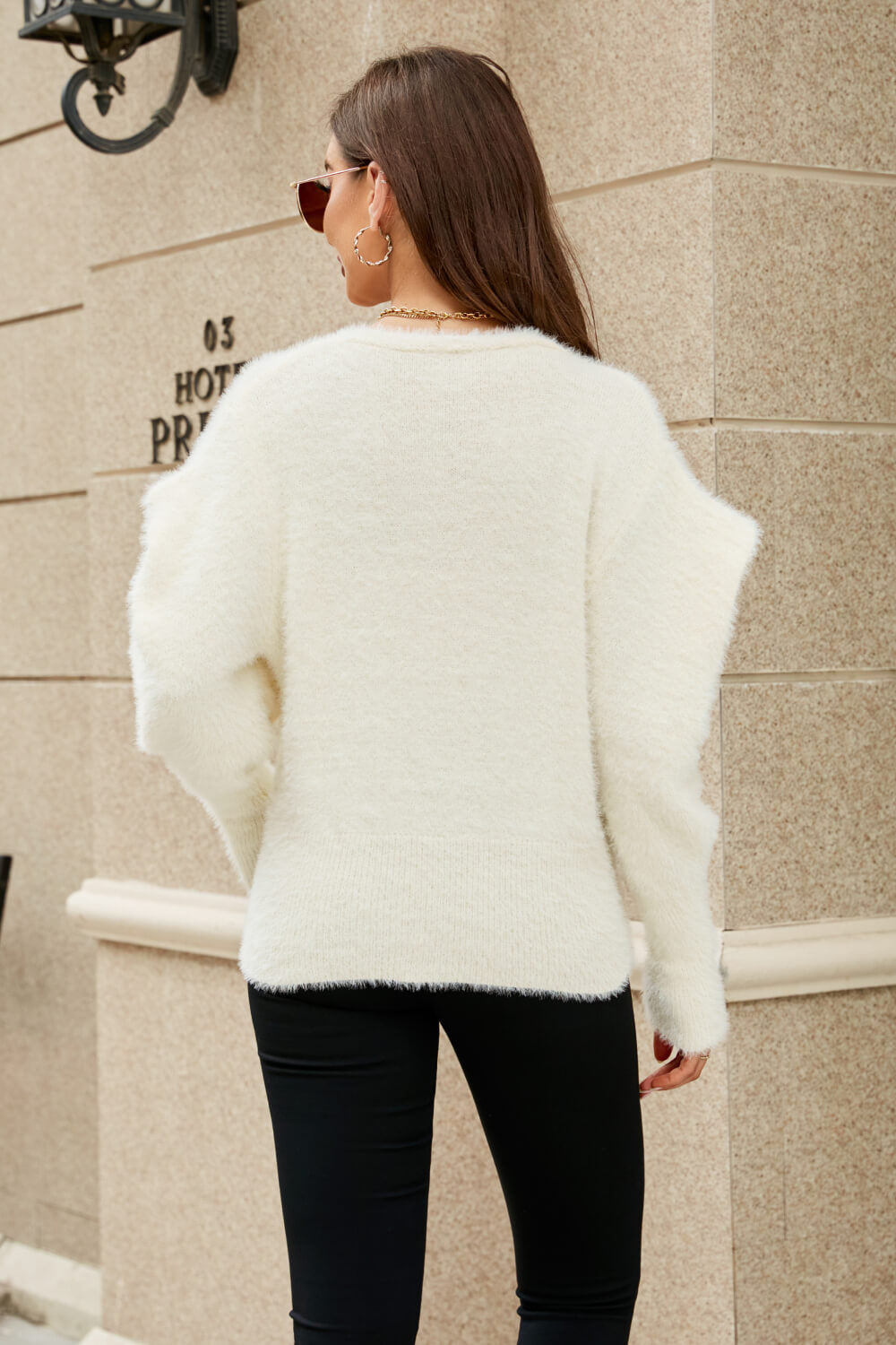 Woven Right Puff Sleeve V Neck Fuzzy Cardigan