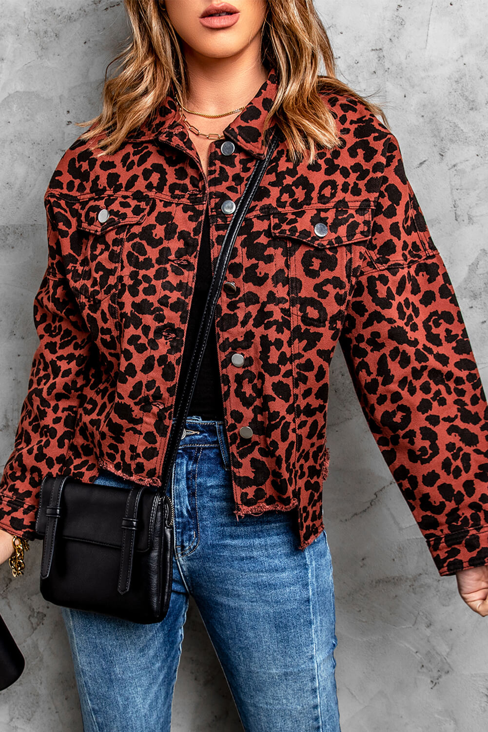 Double Take Leopard Print Raw Hem Jacket