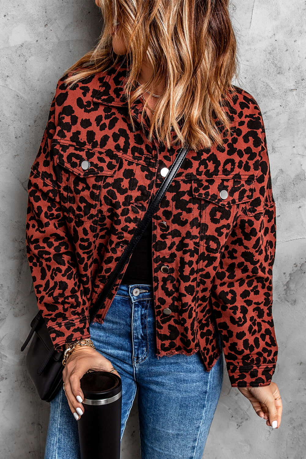 Double Take Leopard Print Raw Hem Jacket