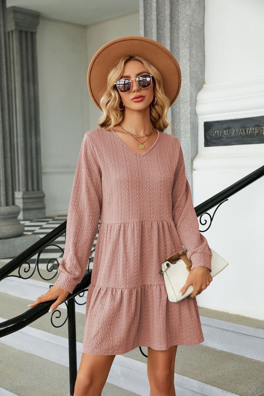 V Neck Long Sleeve Mini Dress