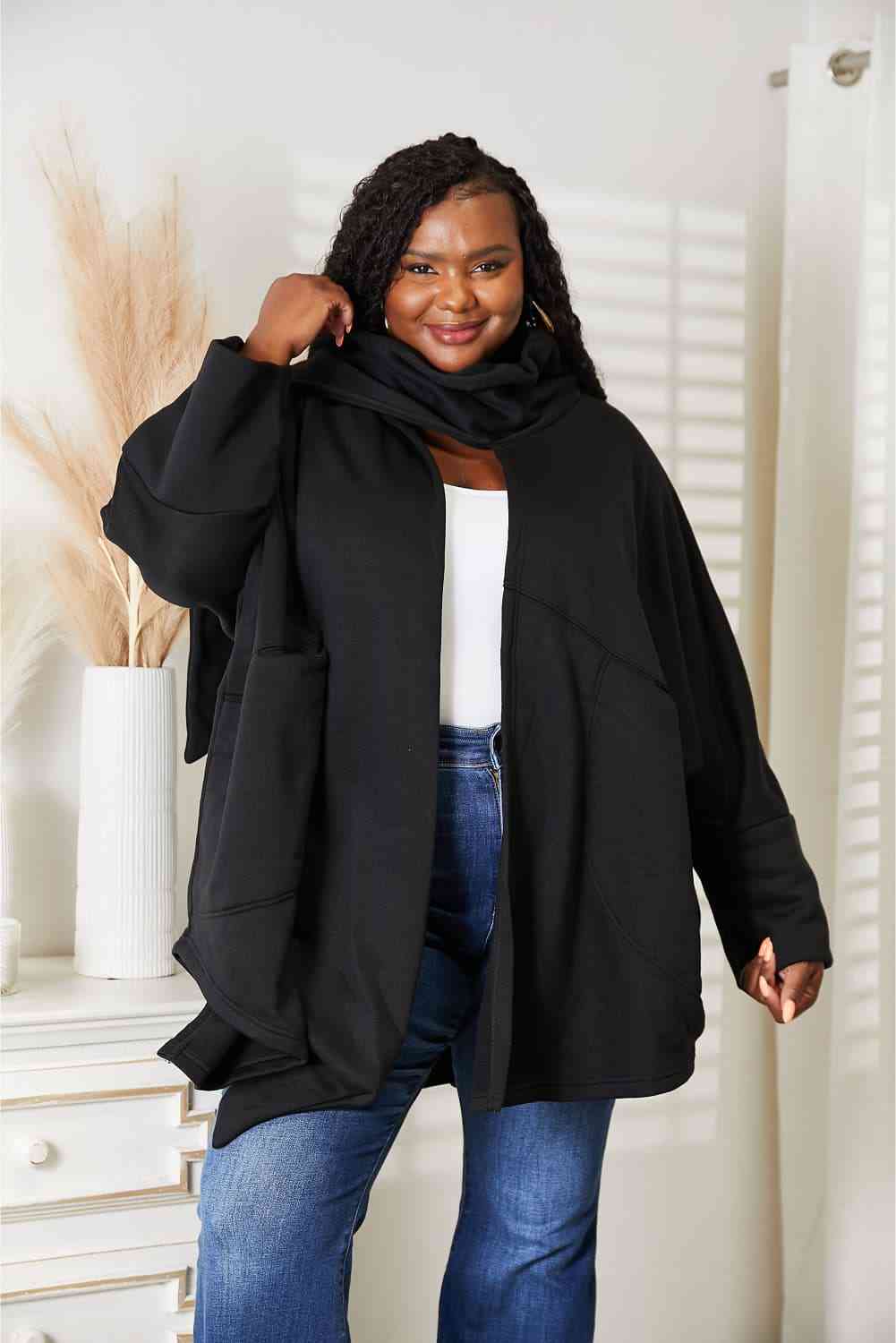 Heyson Full Size Open Front Cardigan with Scarf Design