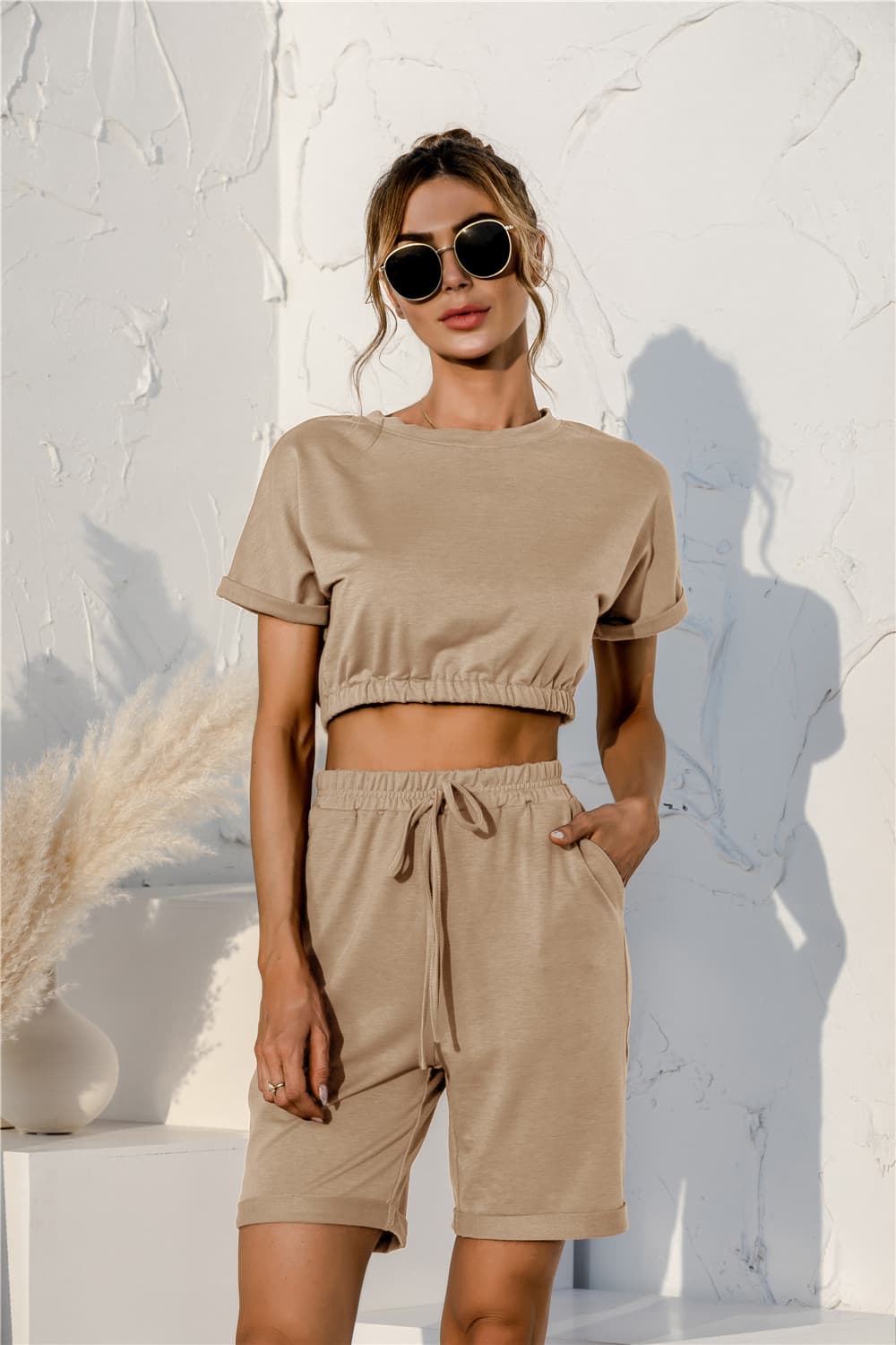 Short Sleeve Cropped Top and Drawstring Shorts Lounge Set