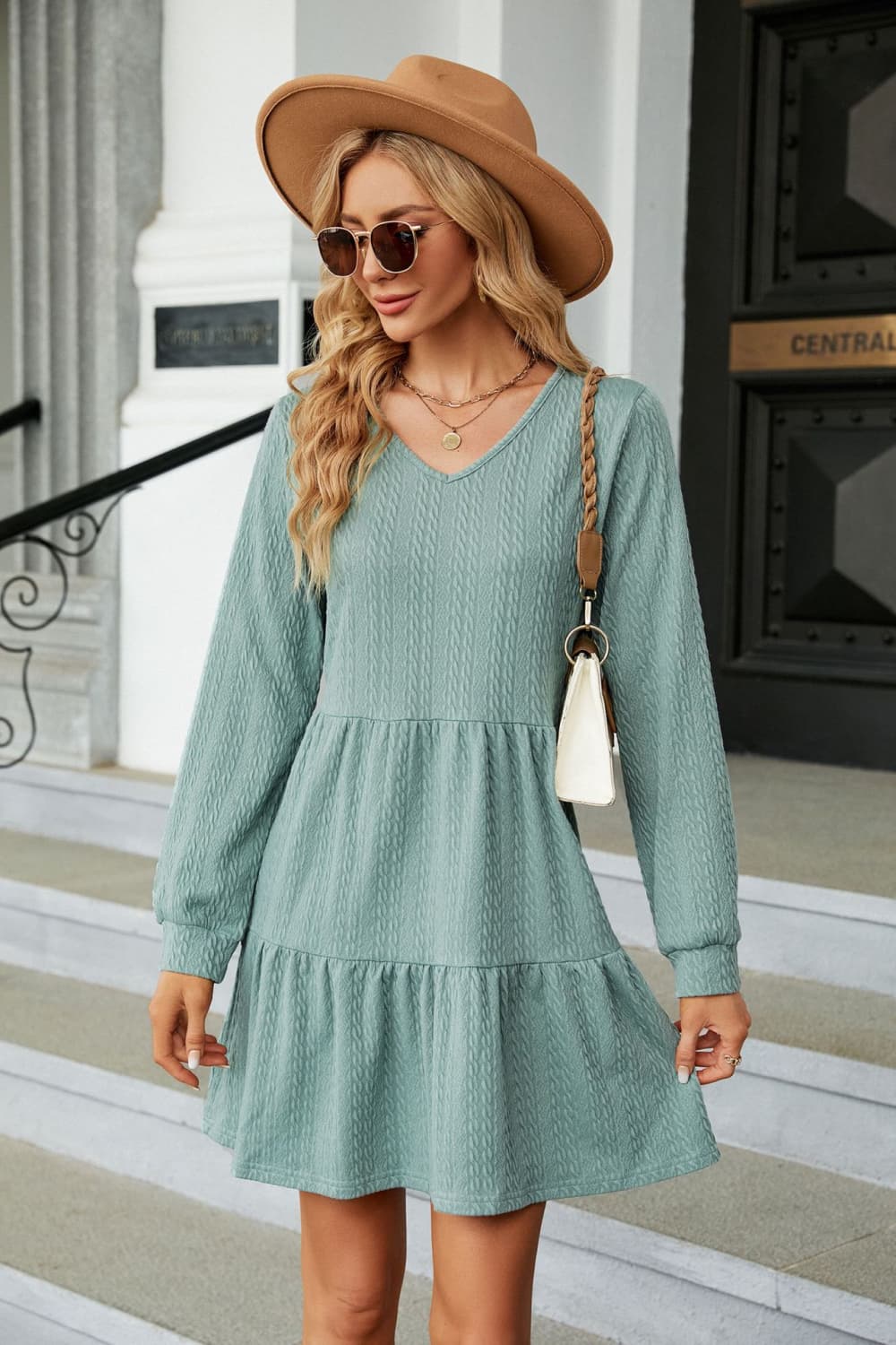 V Neck Long Sleeve Mini Dress