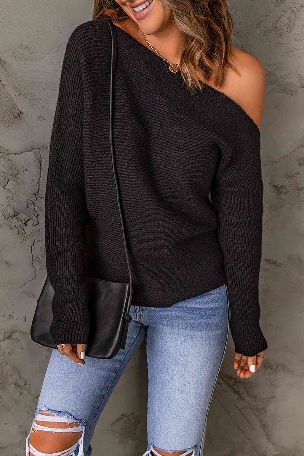 Double Take Horizontal Ribbing One Shoulder Sweater