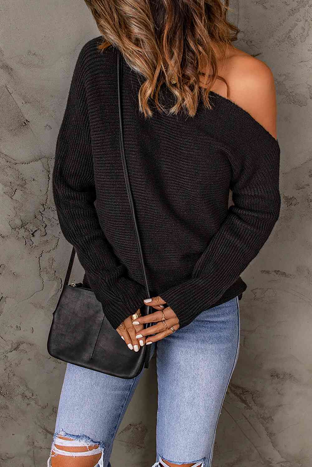 Double Take Horizontal Ribbing One Shoulder Sweater