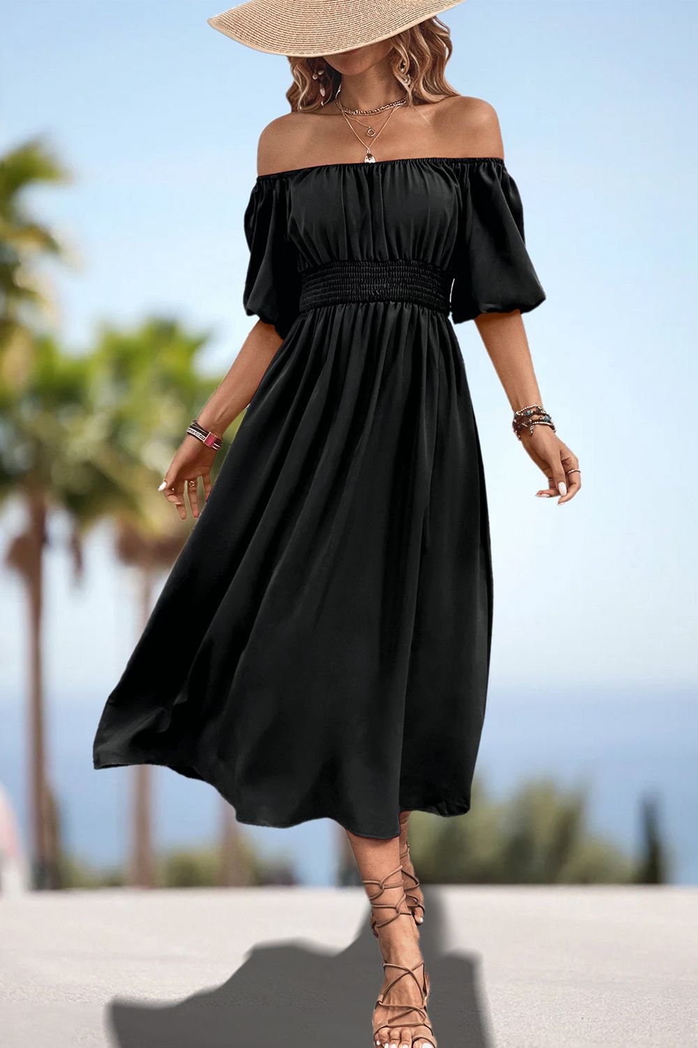 Square Neck Smocked Waist Puff Sleeve Midi Dress