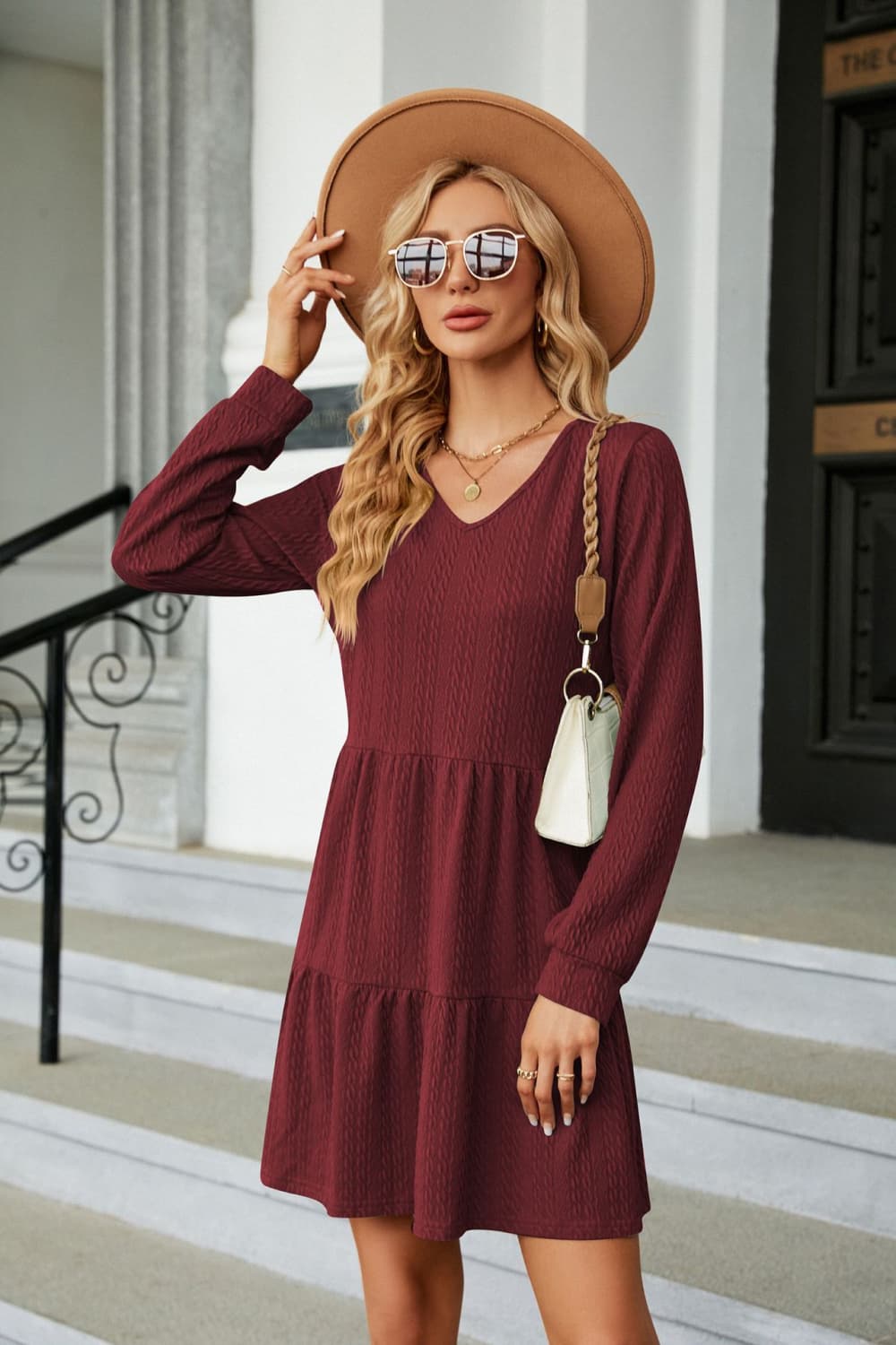 V Neck Long Sleeve Mini Dress