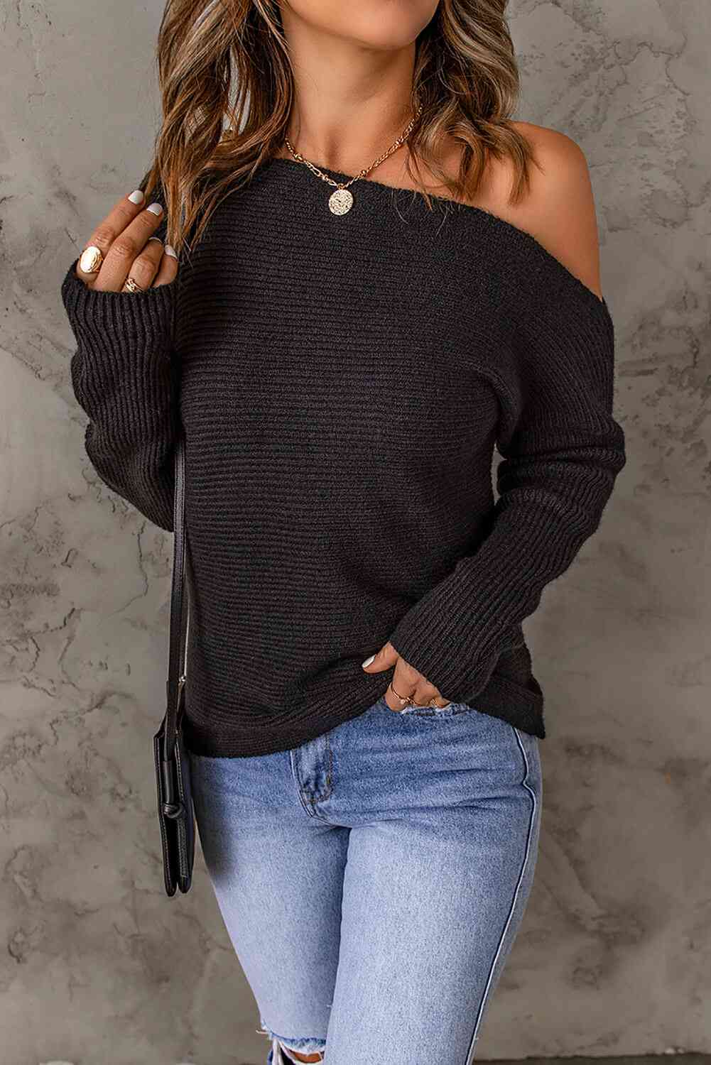 Double Take Horizontal Ribbing One Shoulder Sweater