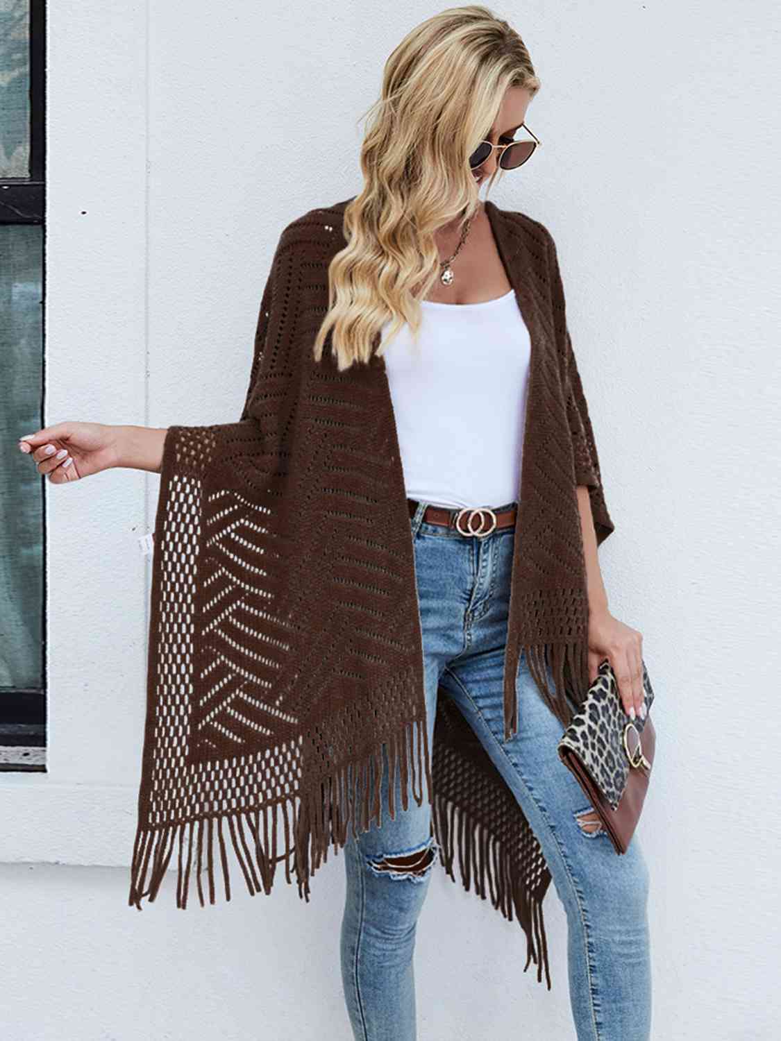 Fringe Hem Open Front Poncho