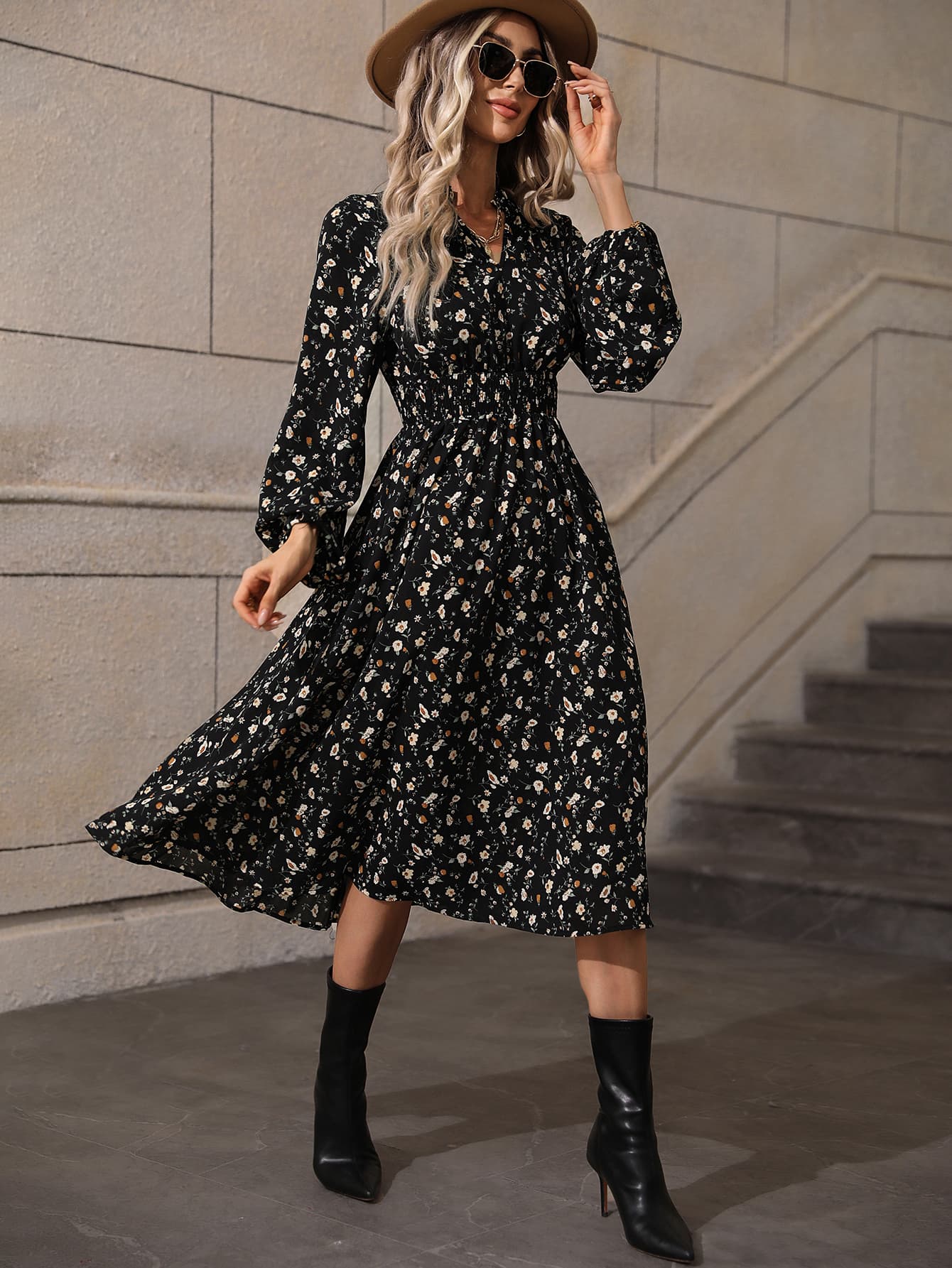 Printed Smocked Waist Notched Neck Midi Dress